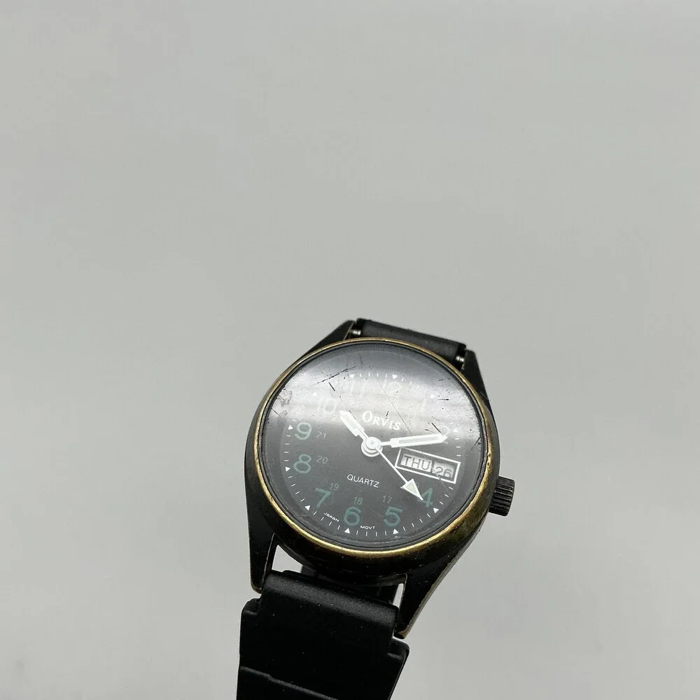 Vintage Orvis Womens Watch 24mm Black Dial Rubber Strap Day Date New Battery